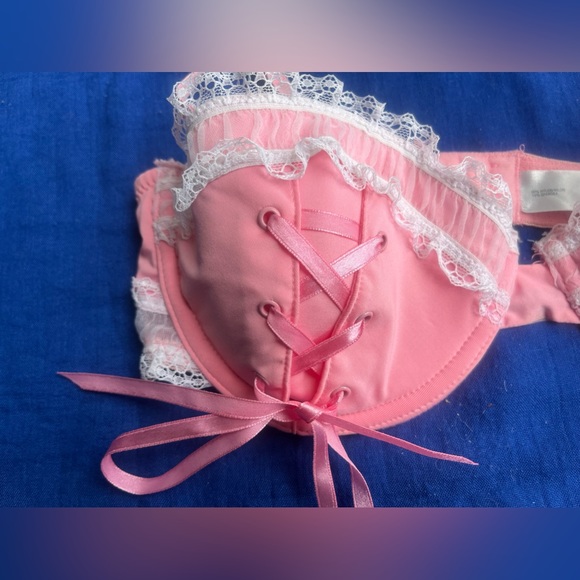 NWT vtg Coquette Y2K Baby Pink Lolita white lace up frilly bow bra delicates 34C - Picture 8 of 16